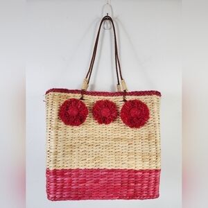 Straw Woven Tote Bag Red Tan Beach Pom Pom Large